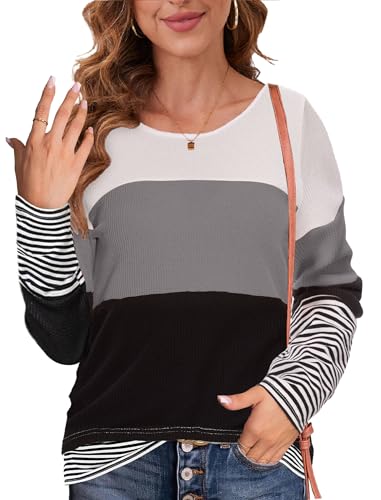 NEYOUQE Damen Pullover Gestreift Farbblock Rundhals Longsleeve Tshirt Beliebten Pullover Basic Sweatshirt Damen Grau S 36-38 von NEYOUQE