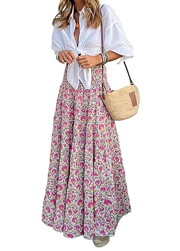 Damen Boho Print Langer Rock Frauen Sommer Hohe Taille Blumen Strand Maxiröcke Weiblich Lose Lässige Urlaubsröcke #8666 (Color : Pink, Size : S) von NEZIH