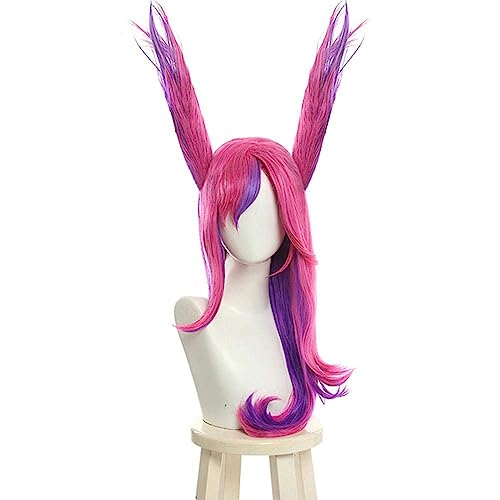 NEZIH Anime Coser Wig LOL Xayah Cosplay Wigs Star Gudiens Cosplay Perücke Lila Lange Rose Mit Ohren Halloween Hitzebeständiges Kunsthaar Hitzebeständig, Mit Perückenkappe, Dekorative Accessoires von NEZIH