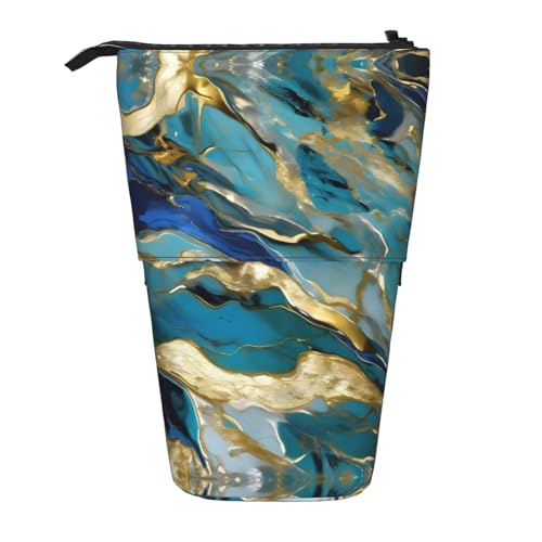 NEZIH Azurite Teal and Foil Gold Oil Marble Pattern Print Pencil Telescopic Case Multifunctional Stationery Storage Bag Box Office Supplies von NEZIH