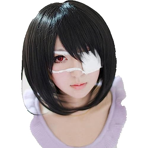 NEZIH EIN Weiterer MEI Misaki Kurze Schwarze, Hitzebeständige Haarsplay-Kostüm-Perücke + Optionaler Eye Patch, Mit Perückenkappe, Dekorative Accessoires, Anime-Fan-Geschenk von NEZIH