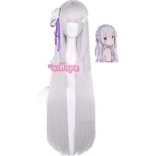 NEZIH Emilia Cosplay RE Zero Cosplay Long Gerade 100 Cm Silber Perücke Cosplay Anime Cosplay Perücken Hitzebeständige Synthetische Perücken Halloween, Dekorative Accessoires Für Damen von NEZIH