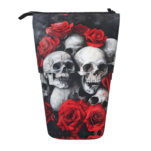 NEZIH Federmäppchen mit Totenkopf-Motiv und roter Rose, Teleskop-Etui, multifunktionale Schreibwaren-Aufbewahrungstasche, Bürobedarf von NEZIH