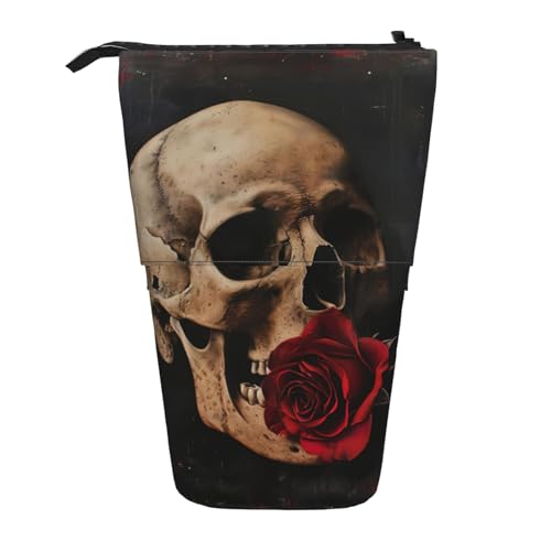 NEZIH Federmäppchen mit Totenkopf-Motiv und roter Rose, Teleskop-Etui, multifunktionale Schreibwaren-Aufbewahrungstasche, Bürobedarf von NEZIH