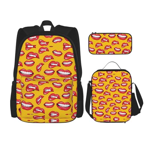 NEZIH Frauen lächeln und beißen ihre roten Lippen, bedrucktes Rucksack-Set, Schultasche mit Lunchtasche, Federmäppchen, Kombination, Schulranzen-Set von NEZIH