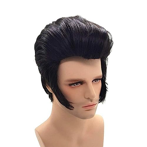 NEZIH Herren Rock Sänger Elvis Aron Presley Cosplay Perücke Party Elvis Presley Schwarz Synthetische Party Haar Perücke + Perücke Cap, Dekorative Accessoires, Anime-Fan-Geschenk von NEZIH