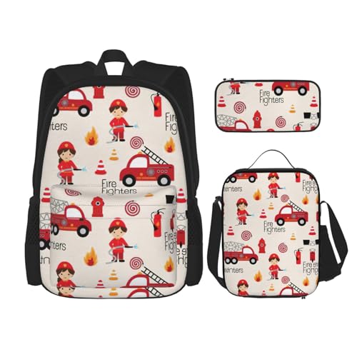 NEZIH Schulrucksack-Set mit Aufdruck "Little Boys And Girls in Firefighters", Schultasche mit Lunchtasche, Federmäppchen, Kombinations-Schultaschen-Set von NEZIH