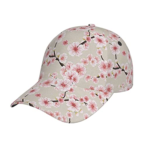 NEZIH Unisex-Baseballkappe mit Kirschblüten-Aufdruck, gewaschene Snapback-Baseballkappe für Männer und Frauen, verstellbar, Motiv: Papa, Rosa Kirschblüten, One size von NEZIH