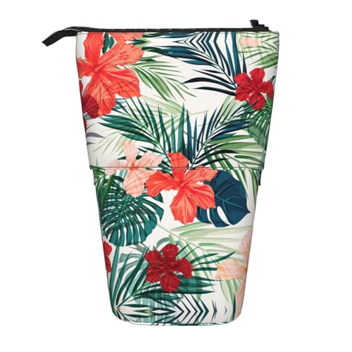 NEZIH Vegetation Leaves With Hibiscus Flowers Standing Pencil Case, Stationery Pen Case, Teleskop Pencil Case, Pop Up Pencil Pouch von NEZIH