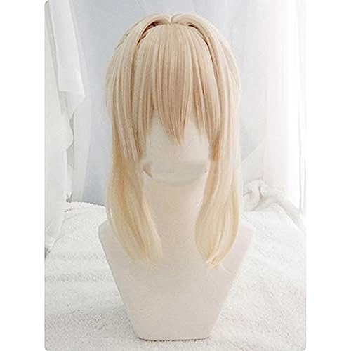 NEZIH Violet Evergarden Kurzes hellblondes Zopfhaar mit zwei Dutts, hitzebeständiges Haar, Cosplay-Kostüm-Perücke + kostenlose Perückenkappe, Anime-Fan-Geschenke, dekorative Accessoires von NEZIH