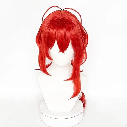 NEZIH Wig Anime Cosplay Anime-Perücke Genshin Impact Diluc Ragnvindr Cosplay Perücke, Rote Leicht Gelockte Flauschige Perücke, Kostüm-Halloween-Perücke, for Halloween, Kostümparty, Anime-Show von NEZIH