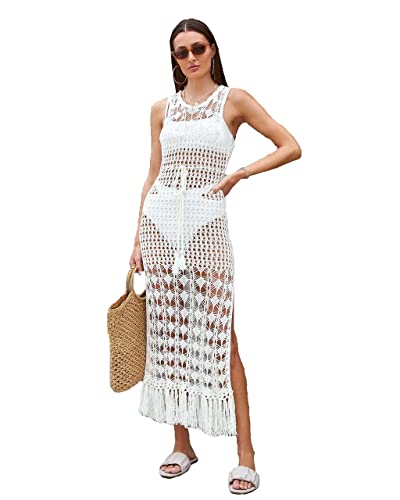 NFASHIONSO Damen-Strandkleid, gehäkelt, Quaste, Bademode, Bikini, lang, Maxi-Strandkleid, Weiß 5228, 38 von NFASHIONSO