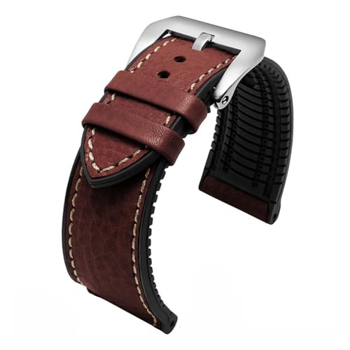 NFJNFCF 20 mm, 22 mm, 24 mm, italienisches Leder + Silikon-Unterseite, kompatibel mit Omega Breitling Avenger Herren-Armband aus wasserdichtem Kautschuk(Dark brown-silver,24mm) von NFJNFCF