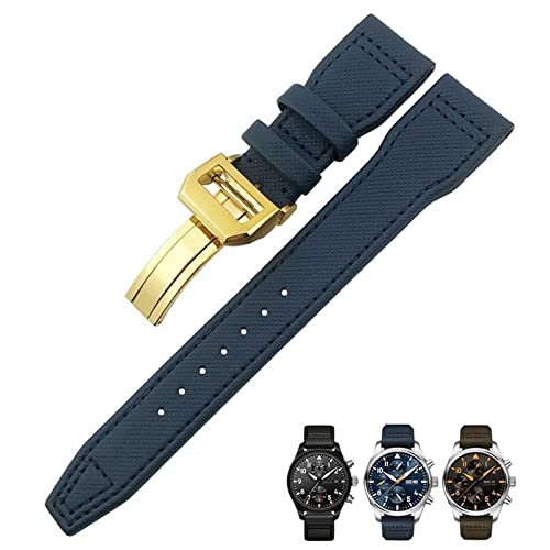 NFRFK 20mm 21mm 22mm Nylonfaser-Lederarmband passend für IWC IW377729 IW389001 Big Pilot Watch Grün Blau Schwarz Uhrenarmband(Blue gold 1,21mm) von NFRFK