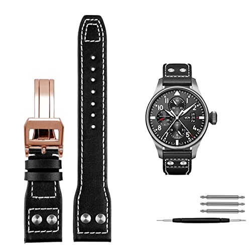 NFRFK Echte Ledernieten Uhrenband für Iwc Big Pilot Spitfire Cowhide Faltschnalle Watch Männer Riemen 21mm 22 mm(Black rose gold,21mm) von NFRFK
