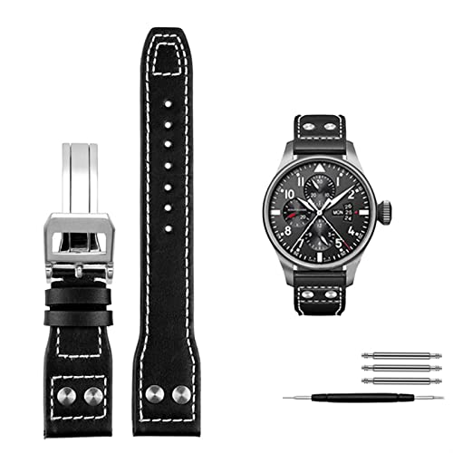 NFRFK Echte Ledernieten Uhrenband für Iwc Big Pilot Spitfire Cowhide Faltschnalle Watch Männer Riemen 21mm 22 mm(Black silver clasp,22mm) von NFRFK