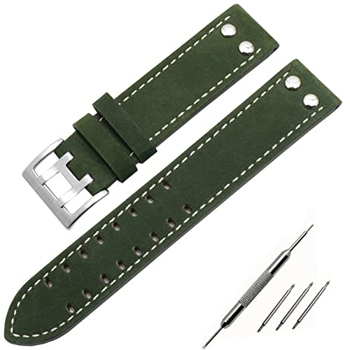 NFRFK Echtleder-Uhrenarmbänder 20/22 mm Band für Hamilton Khaki Field Watch H760250 H77616533 Armband Uhrenarmband Knopfschnalle(Green white Silver,20mm) von NFRFK