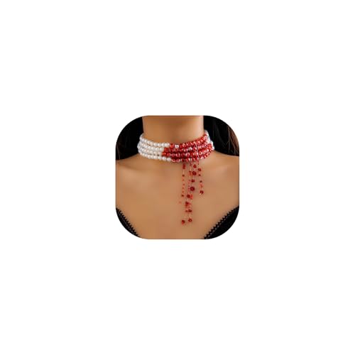 Blut-Halsketten, handgefertigt, künstliche Perlen, Bluttropfen-Halskette, Kristallperle, Blutschnaps, Fransen-Halskette, Halloween-Vampir-Schmuck für Frauen, adjustable, Metall, Kein Edelstein von NFVITLP
