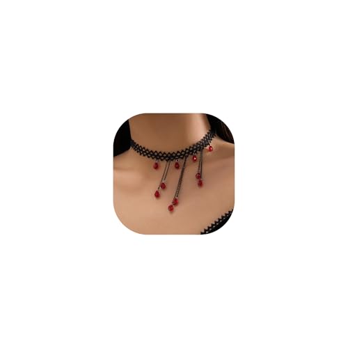 Blut-Halsketten, handgefertigt, künstliche Perlen, Bluttropfen-Halskette, Kristallperle, Blutschnaps, Fransen-Halskette, Halloween-Vampir-Schmuck für Frauen, adjustable, Metall, Kein Edelstein von NFVITLP