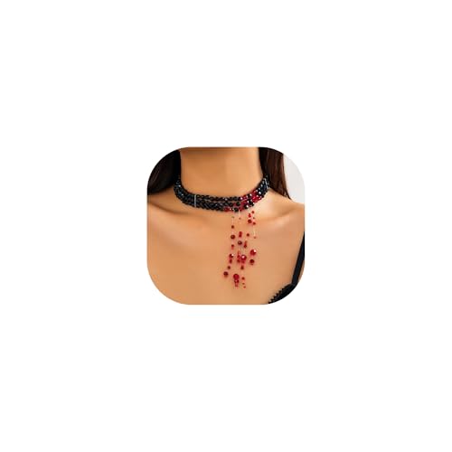 Blut-Halsketten, handgefertigt, künstliche Perlen, Bluttropfen-Halskette, Kristallperle, Blutschnaps, Fransen-Halskette, Halloween-Vampir-Schmuck für Frauen, adjustable, Metall, Kein Edelstein Blut-Halsketten, handgefertigt, künstliche Perlen, Bluttropfen-Halskette, Kristallperle, Blutschnaps, Fransen-Halskette, Halloween-Vampir-Schmuck für Frauen, adjustable, Metall, Kein Edelstein von NFVITLP
