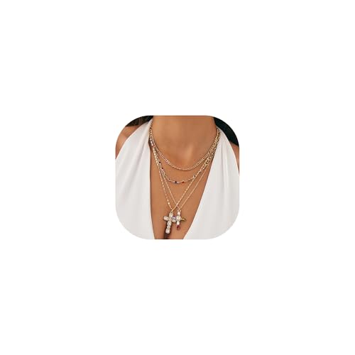 Kreuz-Anhänger-Halsketten-Set für Damen, Gold|Silber, mehrschichtige, farbige Zirkonia, künstliche Perlen, großes langes Kreuz-Halsketten, Statement-Y2K, gestapelte Halskette, adjustable, Metall, Kein Kreuz-Anhänger-Halsketten-Set für Damen, Gold|Silber, mehrschichtige, farbige Zirkonia, künstliche Perlen, großes langes Kreuz-Halsketten, Statement-Y2K, gestapelte Halskette, adjustable, Metall, Kein von NFVITLP