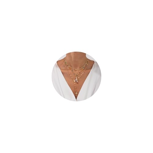 Kreuz-Anhänger-Halsketten-Set für Damen, Gold|Silber, mehrschichtige, farbige Zirkonia, künstliche Perlen, großes langes Kreuz-Halsketten, Statement-Y2K, gestapelte Halskette, adjustable, Metall, Kein Kreuz-Anhänger-Halsketten-Set für Damen, Gold|Silber, mehrschichtige, farbige Zirkonia, künstliche Perlen, großes langes Kreuz-Halsketten, Statement-Y2K, gestapelte Halskette, adjustable, Metall, Kein von NFVITLP