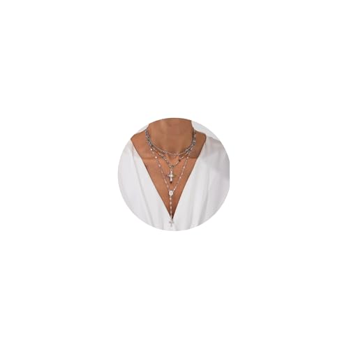 Kreuz-Anhänger-Halsketten-Set für Damen, Gold|Silber, mehrschichtige, farbige Zirkonia, künstliche Perlen, großes langes Kreuz-Halsketten, Statement-Y2K, gestapelte Halskette, adjustable, Metall, Kein Kreuz-Anhänger-Halsketten-Set für Damen, Gold|Silber, mehrschichtige, farbige Zirkonia, künstliche Perlen, großes langes Kreuz-Halsketten, Statement-Y2K, gestapelte Halskette, adjustable, Metall, Kein von NFVITLP