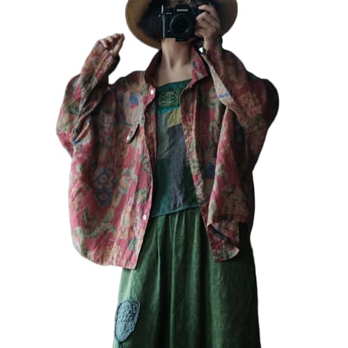 Damen Boho Floral Open Front Shirt Button Up Sleeve Kimono Cardigan Lose Cover Up Casual Bluse Tops, Dunkelrot, Einheitsgröße von NFYM