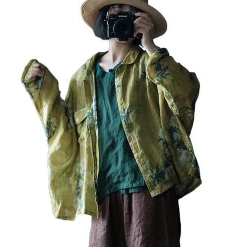 Damen Boho Floral Open Front Shirt Button Up Sleeve Kimono Cardigan Lose Cover Up Casual Bluse Tops, Grün , Einheitsgröße von NFYM