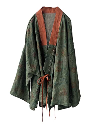 NFYM Damen Baumwolle Gepolsterte Kurze Jacke Kimono Cardigan Wrap Front Chinesischer Hanfu Stil Gedruckt Patchwork Lose Outwear, Grün , Einheitsgröße von NFYM