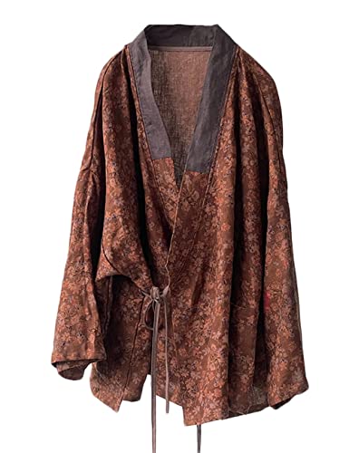 NFYM Damen Baumwolle Gepolsterte Kurze Jacke Kimono Cardigan Wrap Front Chinesischer Hanfu Stil Gedruckt Patchwork Lose Outwear, Kaffee, Einheitsgröße von NFYM
