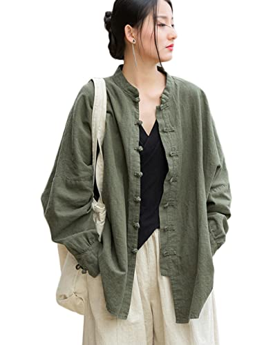 NFYM Damen Baumwolle Leinen Bluse Jacke Langarm Tang Anzug Button-Down Morgen Training Shirts, Grün (Army Green), Einheitsgröße von NFYM