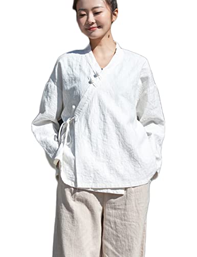 NFYM Damen Baumwolle Leinen Hemd Kimono Cardigan Open Front Hanfu Asiatischer Stil Lose Bluse Tops, Weiss/opulenter Garten, Einheitsgröße von NFYM
