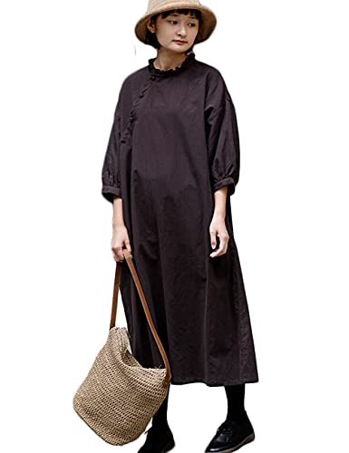 NFYM Damen Baumwolle Leinen Kleid Baggy Rüschen Oversize Casual Knoten Knopf Midi Hemdkleider mit Taschen, violett, Mittel von NFYM