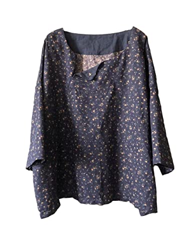 NFYM Damen Blumenpullover Einzigartiger Hals Casual Halbarm Loose Fit Baumwolle Bluse Shirts Tuniken Frühling Tops, Floral, Einheitsgröße von NFYM