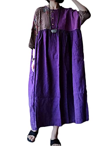 NFYM Damen Bohemian Floral Kleid Baumwolle Leinen Patchwork Casual Loose Henley Shirt Maxi Plus Size Kleid mit Taschen, Violett, Einheitsgröße Mehr von NFYM