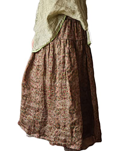 NFYM Damen Boho Floral Printed Ramie Elastische Taille Baumwollfutter Langer Maxirock, Kaffee-Blumenmuster, Einheitsgröße von NFYM