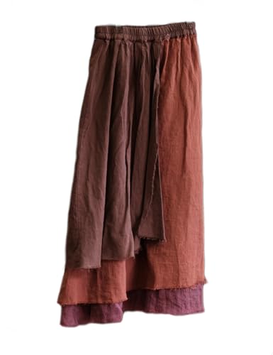 NFYM Damen Casual Elastische Taille Leinen Patchwork A-Linie Ausgefranster Rohsaum Hippie Lang Unregelmäßiger Leinenrock, Rot / Patchwork, Einheitsgröße von NFYM