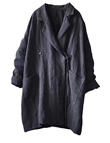 NFYM Damen Casual Leinen Jacke Mid Length Lapel Blazer Open Front Langarm Cardigan Schwarz Trenchcoat, Schwarz, Einheitsgröße von NFYM