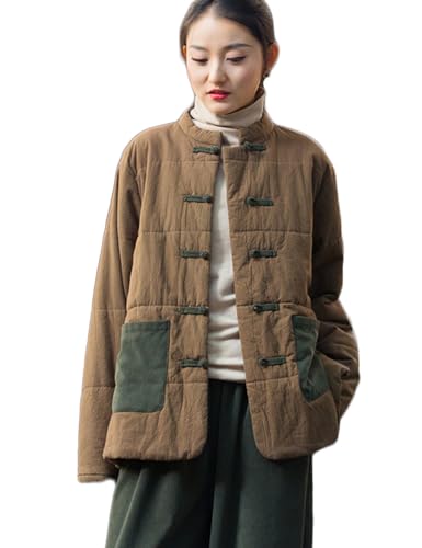 NFYM Damen Chinesische Baumwolle Gepolsterte Mäntel Frosch Button Down Winter Baumwolle Gesteppt Tang Anzug Jacken mit Taschen (US, Alpha, Einheitsgröße, Regular, Regular, Kaffee) von NFYM