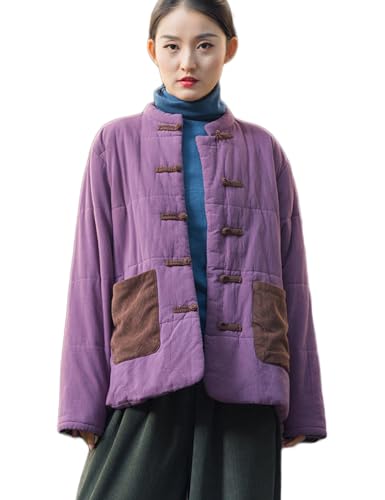 NFYM Damen Chinesische Baumwolle Gepolsterte Mäntel Frosch Button Down Winter Baumwolle Gesteppt Tang Anzug Jacken mit Taschen (US, Alpha, Einheitsgröße, Regular, Regular, Lila) von NFYM