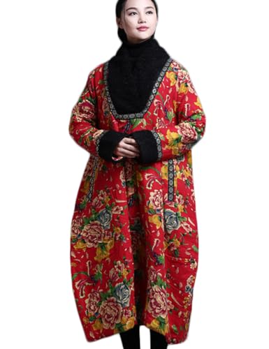 NFYM Damen Chinesischer Nordosten Große Pfingstrose Blume Baumwolle Steppparka Mantel Übergröße Winterjacke, Rote Pfingstrose, Einheitsgröße Große Größen von NFYM