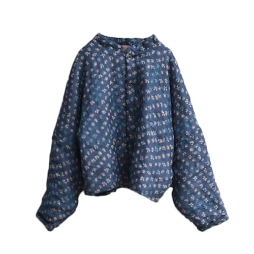 NFYM Damen Cropped Dünne Gesteppte Leichte Herbstjacke Ramie Natürliche Kleidung Bedruckt Vintage Outwear, Blau, Einheitsgröße von NFYM