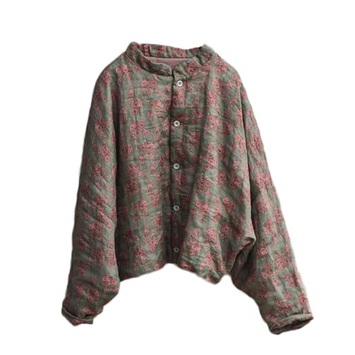 NFYM Damen Cropped Dünne Gesteppte Leichte Herbstjacke Ramie Natürliche Kleidung Bedruckt Vintage Outwear, Grün , Einheitsgröße von NFYM