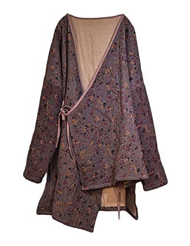 NFYM Damen Frühling Kimono Cardigan Wickeljacke Retro Hanfu-Stil Bedruckte Trenchjacke mit Selbstbinden, violett, Einheitsgröße von NFYM