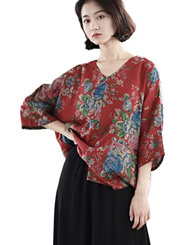 NFYM Damen Frühling Sommer Casual Boho Floral Bluse Shirts High Low V Ausschnitt 3/4 Langarm Tops, Rot/Blumenmuster, Einheitsgröße von NFYM