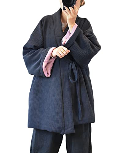 NFYM Damen Hanten Baumwolljacke Japanischer Kimono-Stil Warm gesteppt Wintermantel, Marineblau, Einheitsgröße von NFYM