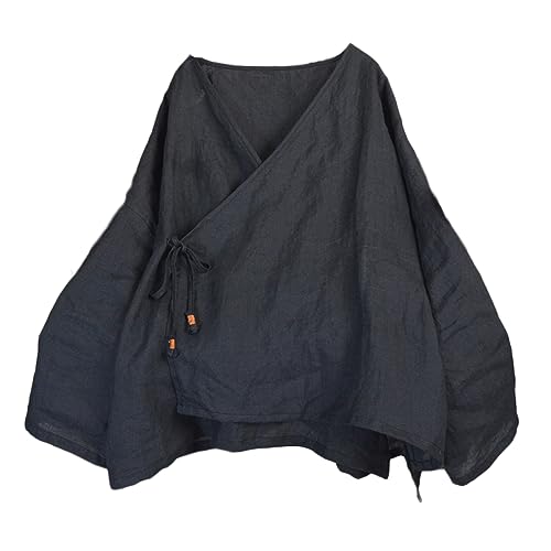 NFYM Damen Hanten Kimono Cardigan Langarm Wrap Front Baumwolle Leinen Retro Hanfu Kostüm Unregelmäßiges Hemd Tops, Schwarz, Einheitsgröße von NFYM