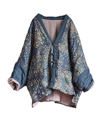 NFYM Damen Herbst Outwear Jacke Leicht Dünn Gesteppt Open Front Vintage Printed Patchwork Kurze Mäntel, blau, Einheitsgröße von NFYM