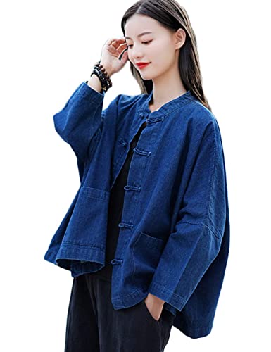 NFYM Damen Jeansjacke Langarm Vintage Hand Made Frosch Knöpfe Lose Oversize Jeansjacke Mantel, dunkelblau, Einheitsgröße von NFYM